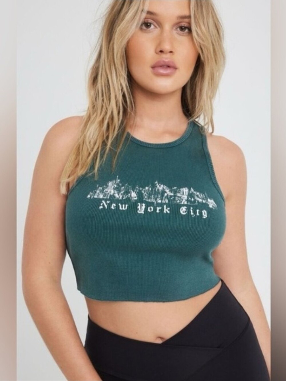 Garage Ribbed Green 'New York City' Crop Tank Top XS